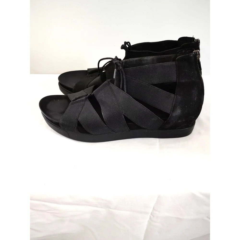 Eileen Fisher Dibs Link Lace-Up Sandal Black Stretch Wedge Gladiator Zip Back 11